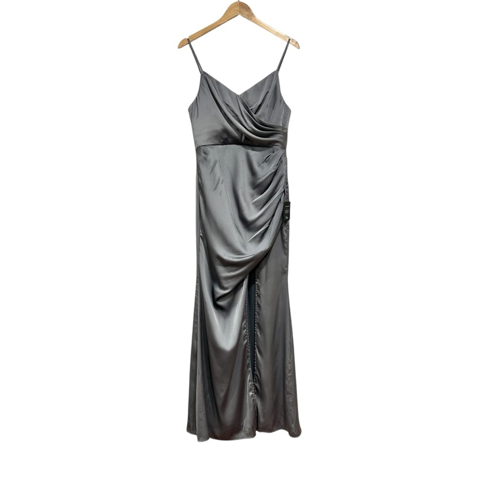 Lulus Glamorous Persona Grey Satin Pleated Sleeveless Tulip Maxi Dress Size L